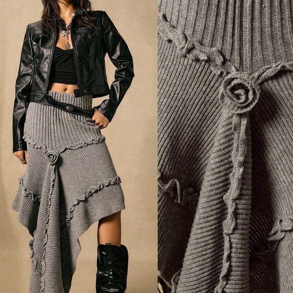 Dark Grey Casual Womens rose detailed knit skirt - Picture 1 of 8